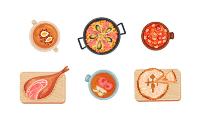 Spanish Cuisine with Tasty Meal Served on Plate Above View Vector Set