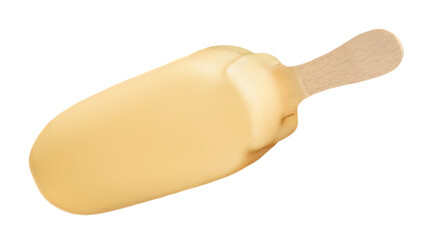 Stick ice cream covered with white chocolate isolated on white background. Vanilla Eskimo Ice-cream bar.