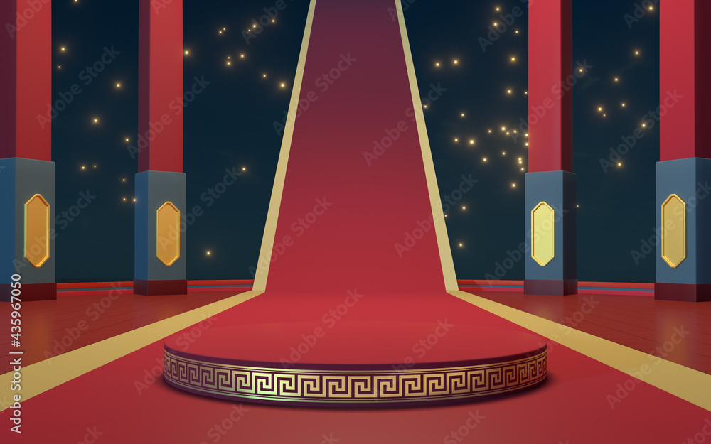Poster empty product stage with red background, 3d rendering.