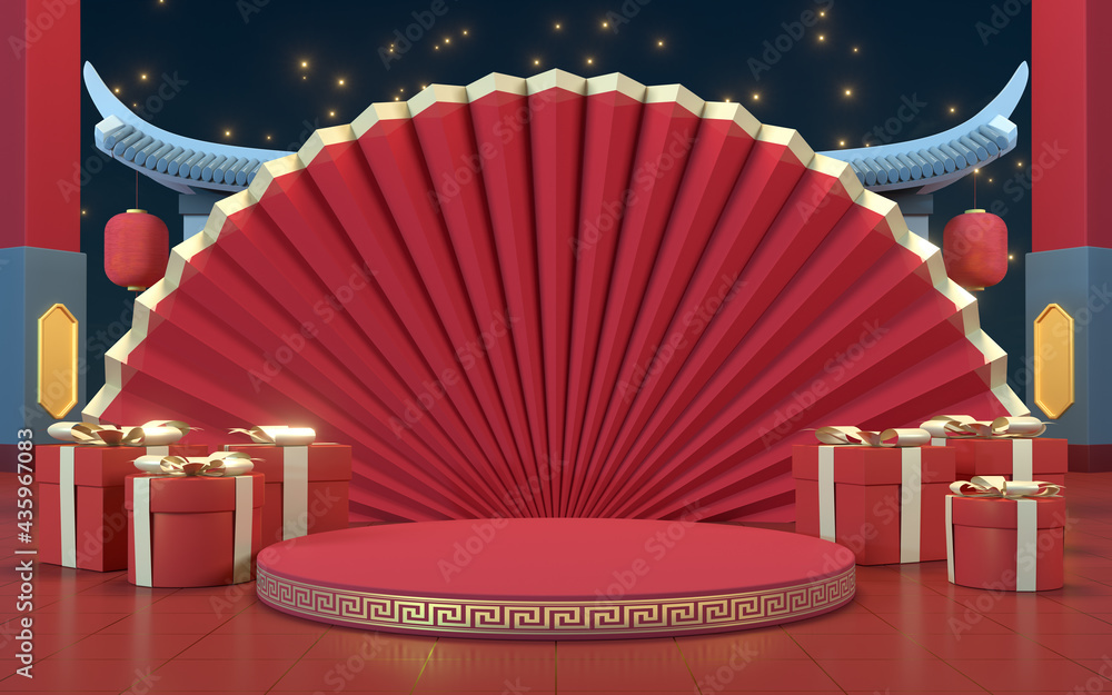 Poster empty product stage with red background, 3d rendering.
