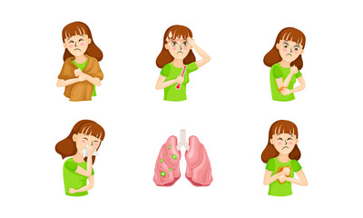 Young Woman Suffering from Coronavirus Symptoms Like Cough and Headache Vector Set