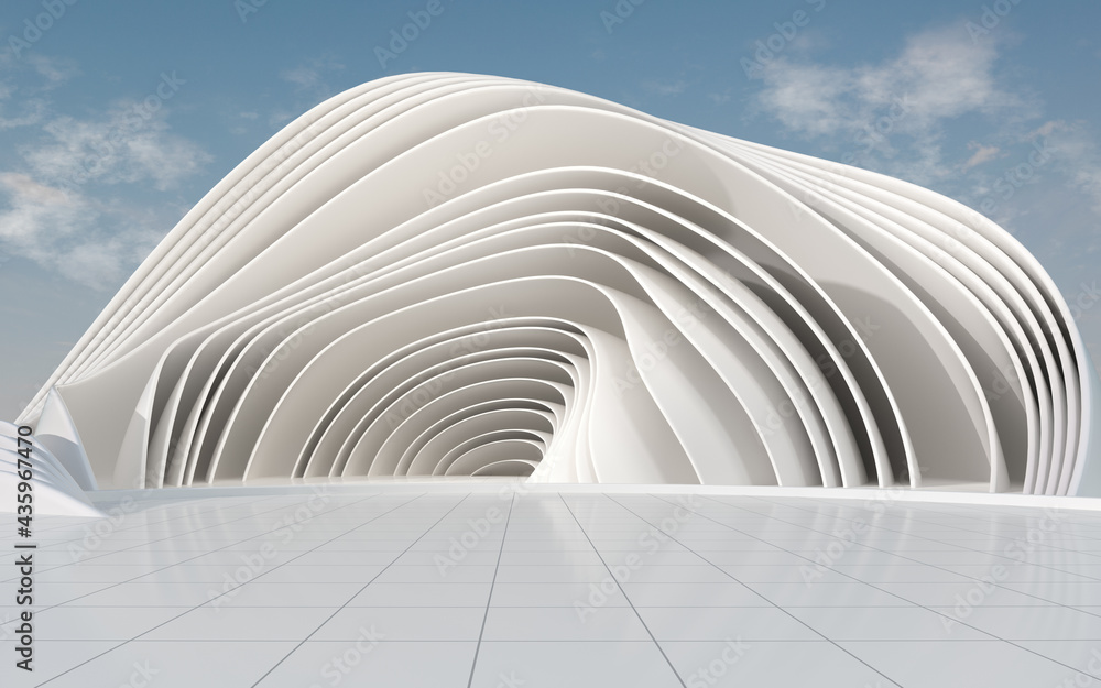 Poster curves and architecture with white background, 3d rendering.