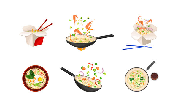 Chinese Udon Noodle Preparation with Stir-frying in Wok Pan Vector Set