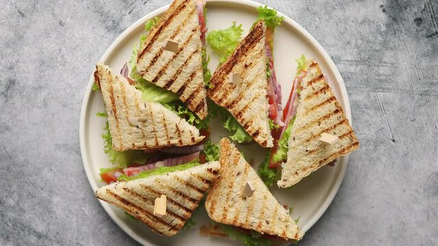 Tasty and fresh club sandwich served on white ceramic plate