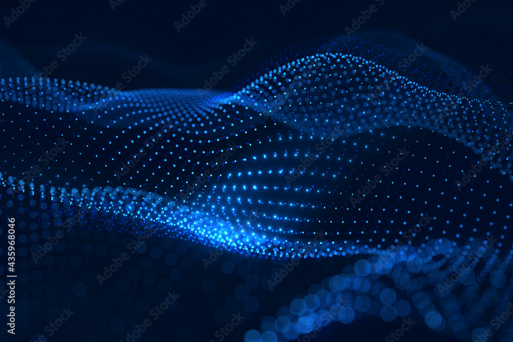 Leinwandbilder moving neon blue dots pattern forming a digital network connection on dark background