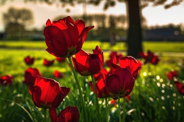 Czerwone wiosenne tulipany w porannym słońcu - obrazy, fototapety, plakaty