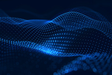 Moving neon blue dots pattern forming a digital network connection on dark background