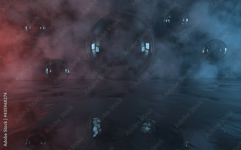 Poster bubbles float with fog background, 3d rendering.