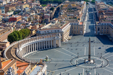 Aerial view on St.Peter's Square from dome of Saint Peter's Basilica. Few tourists due to the Covid-19 coronovirus pandemic, Vatican, Rome, Italy