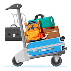 Hand Truck Full Of Bags Isolated On White Background. Metal Airport Luggage Trolley Icon. Hand Cart. Handcart For Baggage Or Shopping. Transportation Equipment. Cartoon Flat Vector Illustration