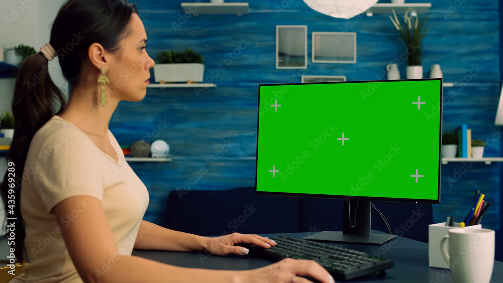 Poster caucasian female searching information about social media technology on computer with mock up green 