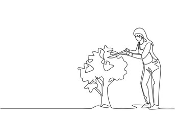 Continuous one line drawing young female farmer cut the leaves on the tree using plant scissors. Farming challenge minimalist concept. Single line draw design vector graphic illustration.