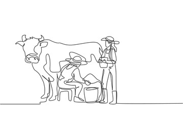 Fototapeta na wymiar Continuous one line drawing happy couple farmer milking a cow with traditional way together. A successful harvest activity minimalism concept. Single line draw design vector graphic illustration.