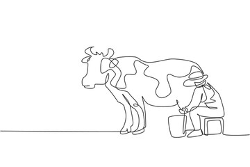 Fototapeta na wymiar Continuous one line drawing young female farmer milking a cow with traditional way. A successful harvest activity minimalism concept. Single line draw design vector graphic illustration