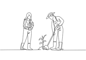 Single continuous line drawing young couple farmer shoveled the soil with the plants using a shovel. Planting new plants. Farming minimalism concept. One line draw graphic design vector illustration.