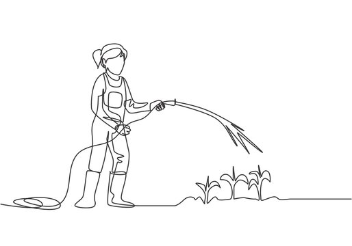 recommend clip art: Continuous one line drawing young female farmer standing on farm field while watering the plants using a hose. Farmer planting activities concept. Single line draw design vector graphic illustration.
