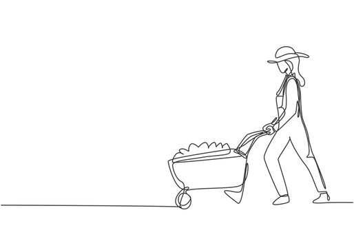 woman pushing wheelbarrow, line art, gardening clip art preview