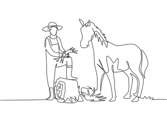 Single continuous line drawing young male farmer stomped one of its feet into the curled hay as it was about to feed the horse. Minimalism concept. One line draw graphic design vector illustration.