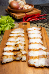 Delicious and crispy Samcan Goreng or Fried Pork Belly from medan - north sumatra