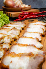 Delicious and crispy Samcan Goreng or Fried Pork Belly from medan - north sumatra