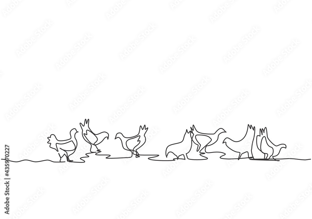 Poster single continuous line drawing of several chickens were playing in the fields while looking for food