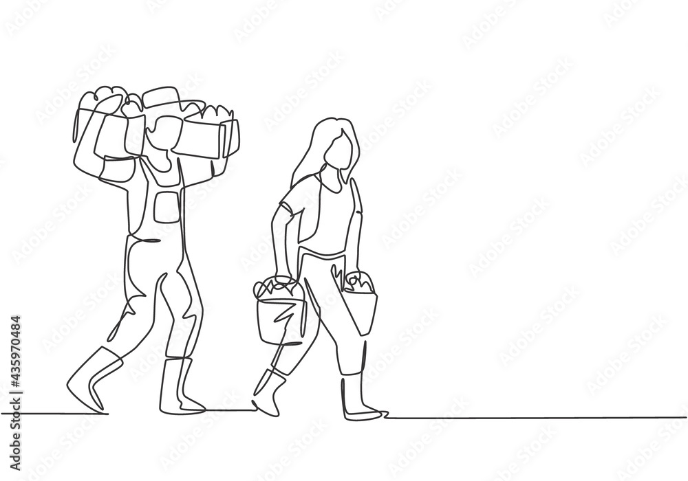 Poster continuous one line drawing couple farmer carrying boxes and baskets of fruit in they right and left