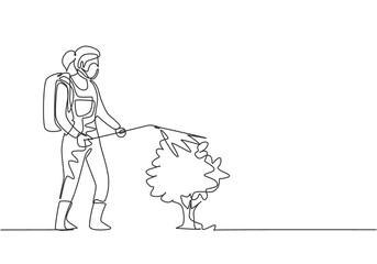 Continuous one line drawing female farmer, complete with a mask, is spraying the plants with a disinfectant sprayer. Farming minimalist concept. Single line draw design vector graphic illustration.