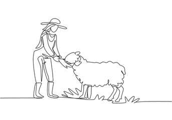 Single continuous line drawing young female farmer is feeding the sheep so that the sheep will be healthy and produce best meat. Minimalism concept. One line draw graphic design vector illustration.
