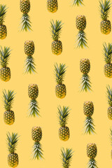 Modern, creative pattern made of many fresh exotic funky ananas against illuminated yellow background. Levitating natural organic pineapples summery concept.