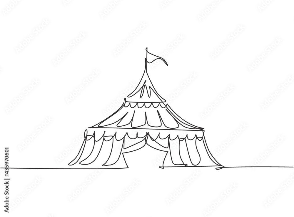 Poster single continuous line drawing circus tent in the shape of a triangle with stripes and a flag at the