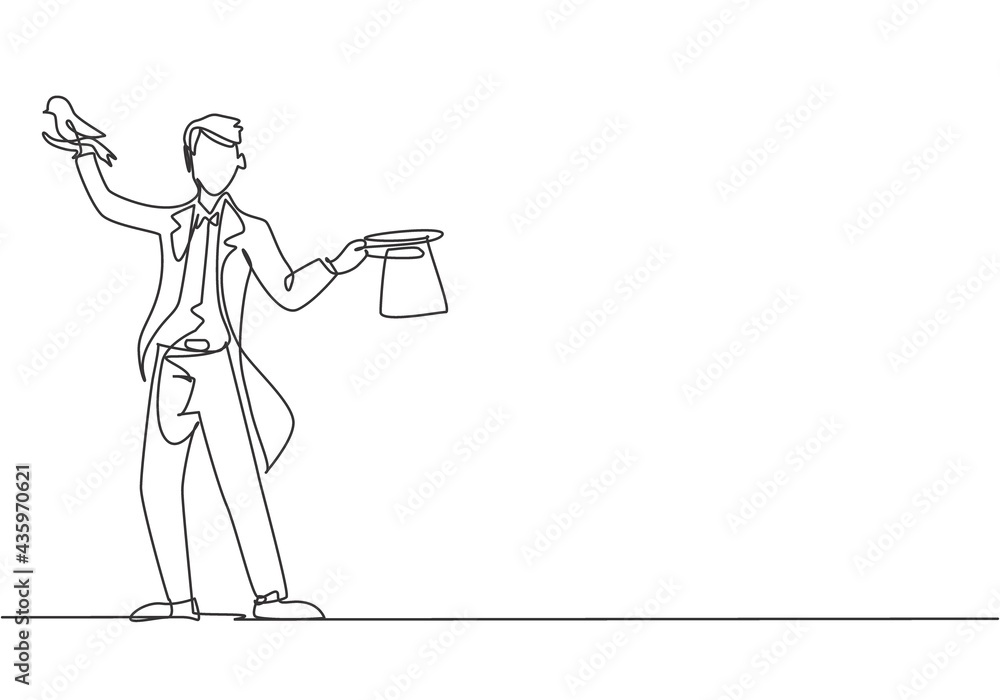 Poster single continuous line drawing the magician puts on a show by getting a bird out of his magic hat. a