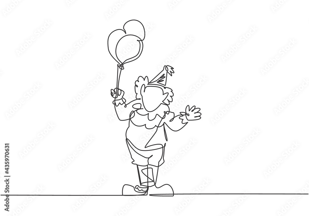 Aufkleber single continuous line drawing the male clown stands while holding several balloons in his right han