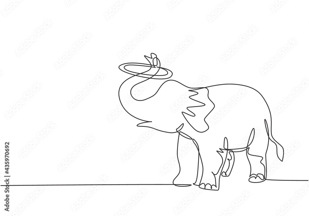 Poster single one line drawing of an elephant performs a circus show by turning a circle using its trunk. c