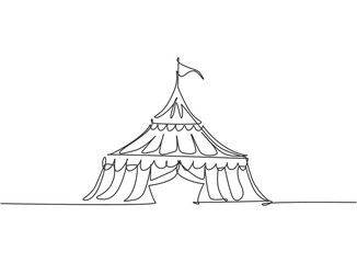 Single continuous line drawing circus tent in the shape of a triangle with stripes and a flag at the top. Show place for clowns, magicians, animals. One line draw graphic design vector illustration. © Simple Line