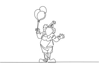 Single continuous line drawing the male clown stands while holding several balloons in his right hand. Children really like the show. Dynamic one line draw graphic design vector illustration.