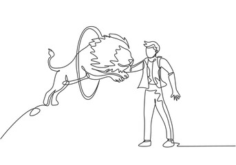 Continuous one line drawing a lion jumps into the circle held by the trainer. The trainer stands up carefully. A very challenging circus show. Single line draw design vector graphic illustration.