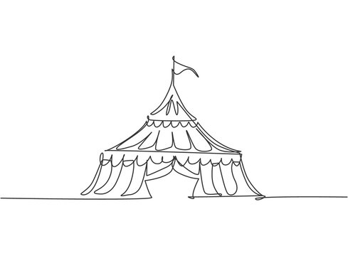 Single Continuous Line Drawing Circus Tent In The Shape Of A Triangle With Stripes And A Flag At The Top. Show Place For Clowns, Magicians, Animals. One Line Draw Graphic Design Vector Illustration.