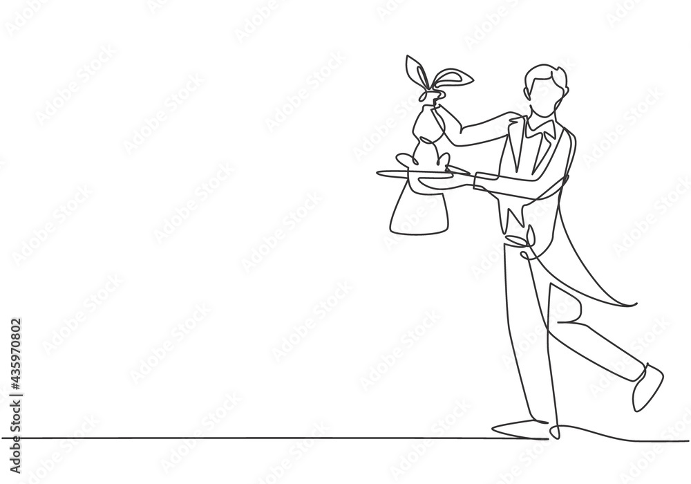 Poster single continuous line drawing the magician puts on a show by getting a rabbit out of his magic hat.