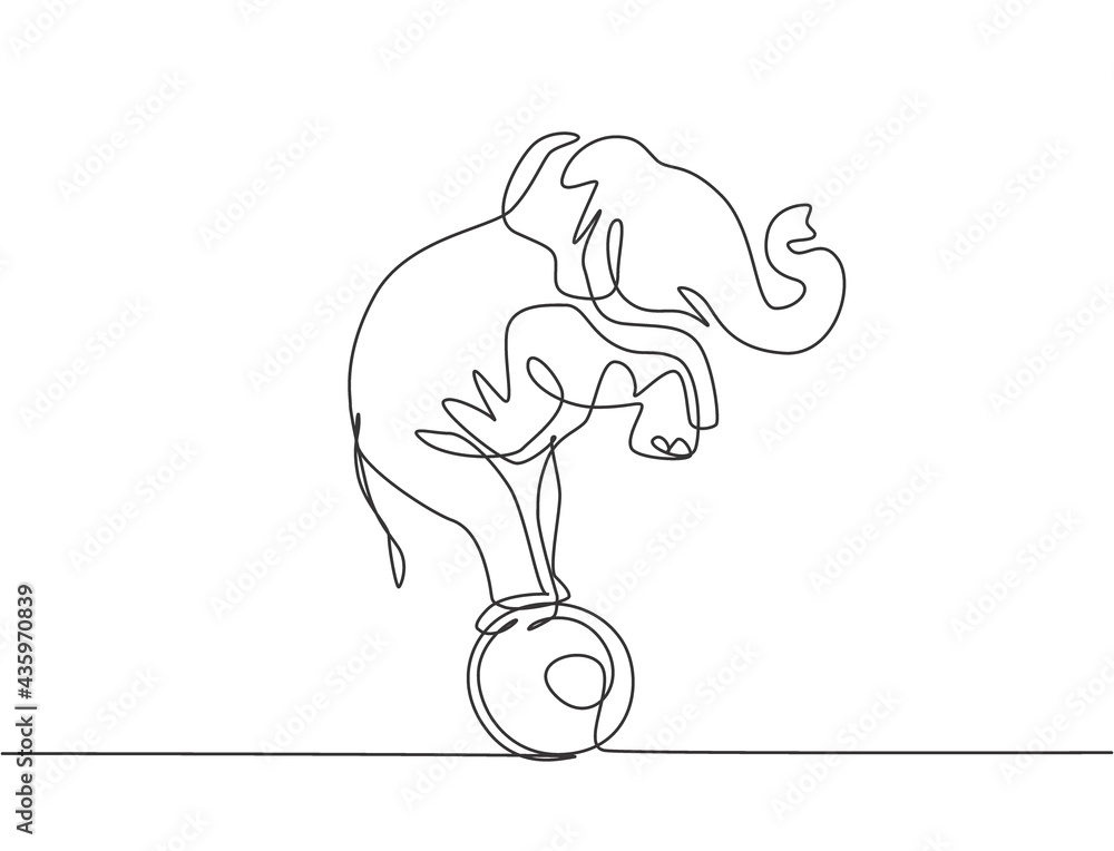 Poster continuous one line drawing a trained elephant stands on the ball with its forelegs raised. very goo