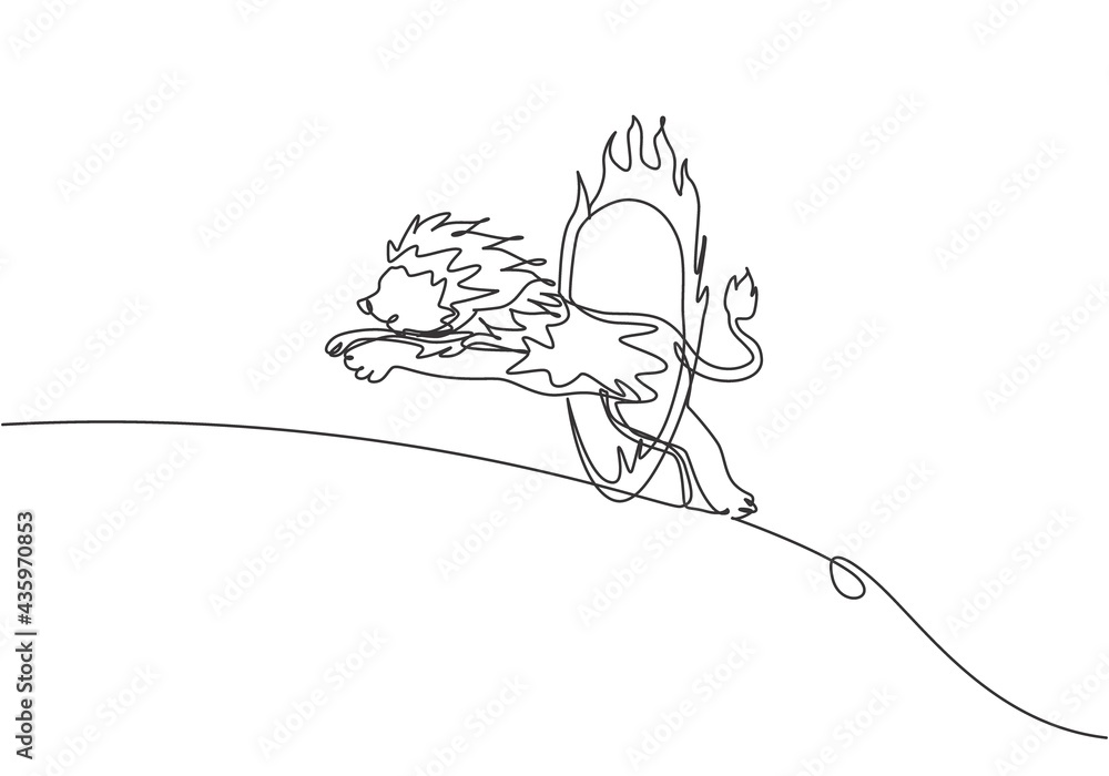 Poster single continuous line drawing a lion jumping into a circle of fire at a circus show. the trainer is