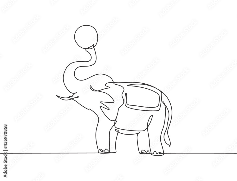Poster single one line drawing of an elephant stands playing a ball at the end of its trunk. the circus aud