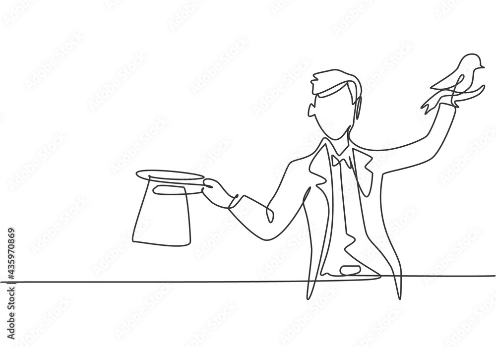 Poster single continuous line drawing the magician puts on a show by getting a bird out of his magic hat. v