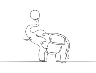 Single one line drawing of an elephant stands playing a ball at the end of its trunk. The circus audience was amazed by the show. Modern continuous line draw design graphic vector illustration.