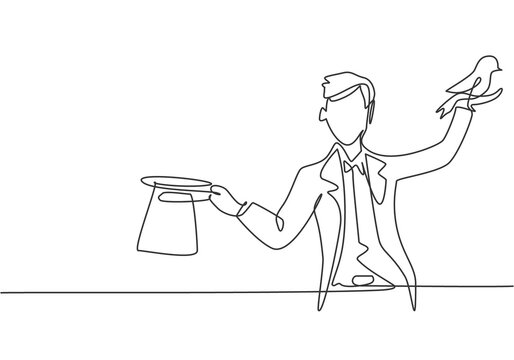 Single continuous line drawing the magician puts on a show by getting a bird out of his magic hat. Very impressive magic show that night. Dynamic one line draw graphic design vector illustration.
