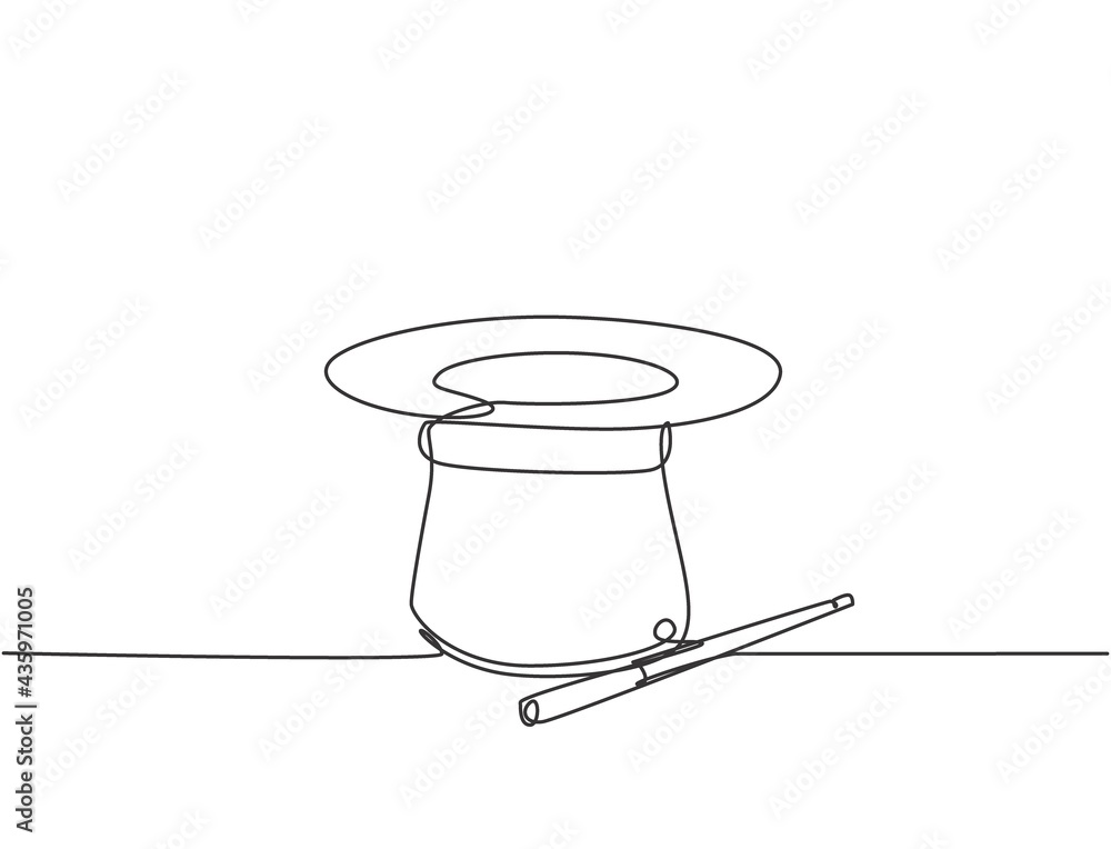 Poster single continuous line drawing magic hat and wand that a magician needs for a magic show. two tools 
