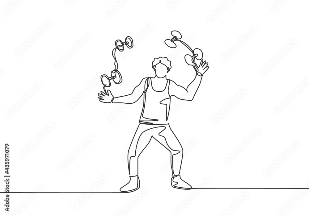 Poster single one line drawing an acrobat juggling small dumbbells. this game requires dexterity, concentra