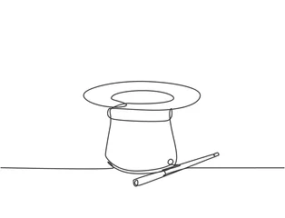 Crédence de cuisine en verre imprimé Une ligne Single continuous line drawing magic hat and wand that a magician needs for a magic show. Two tools that are always there in every magician. Dynamic one line draw graphic design vector illustration.