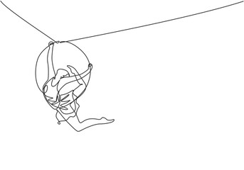 Continuous one line drawing an acrobatic woman who performs on an aerial hoop while dancing and has one leg raised near the back of her head. Single line draw design vector graphic illustration. © Simple Line