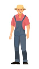 The farmer guy is standing. Young handsome cute boy wearing a hat. In uniform, overalls. Single. Cartoon flat style. The illustration is isolated on a white background. Vector