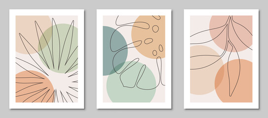Set of abstract art nature backgrounds. Modern  shape line art,  foliage, botanical, tropical leaves floral design for cover, wallpaper,  home decoration, wall art.